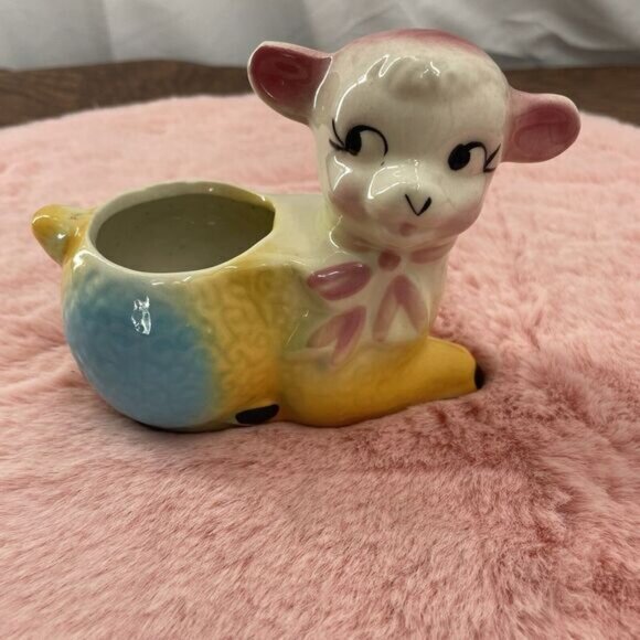 CeramicLamb Sheep Laying Down Blue Bow‎ Colorful Planter - Picture 1 of 6